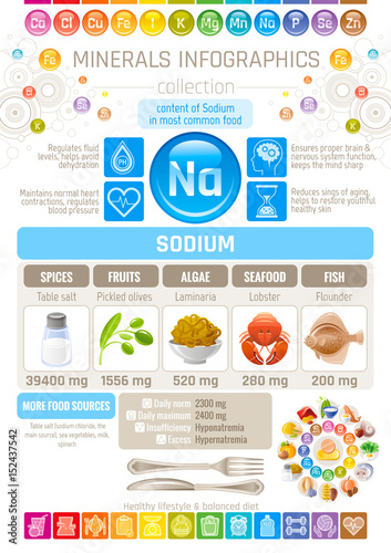 Sodium Mineral supplements rich food icons. Healthy eating flat icon set, text letter logo, isolated background. Diet Infographics chart banner poster. Table vector illustration, human health benefit