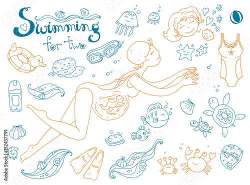 Vector hand drawn collection. Mom and baby. Swimming for pregnan