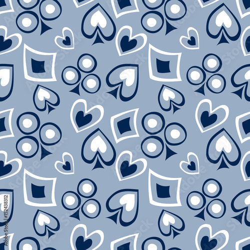Seamless vector pattern with icons of playings cards. background with hand drawn symbols. Decorative repeat ornament. Series of Gaming and Gambling Seamless vector Patterns.