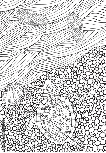Coloring book page for adult and children. Turtle crawls to the water, sea waves in zentangle style.
