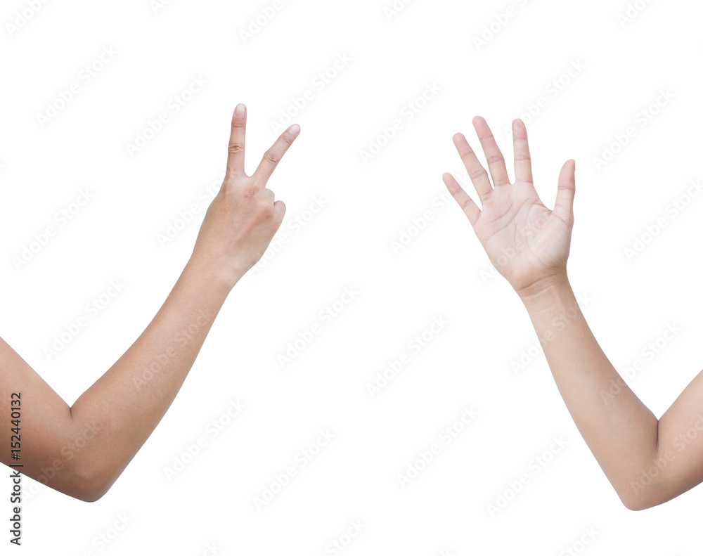The right back and front side hand of the woman show Rock Paper Scissors sign for find the winners fair in the game. show paper and scissors sign. isolated on white background. The right back and front side hand of the woman show Rock Paper Scissors sign for find the winners fair in the game. show paper and scissors sign. isolated on white background.