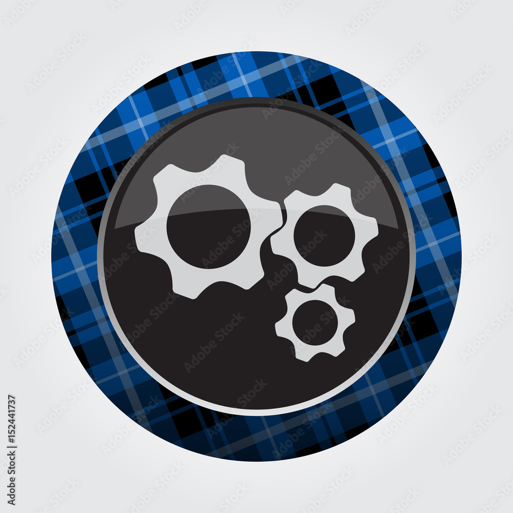 button with blue, black tartan - three cogwheel button with blue, black tartan - three cogwheel