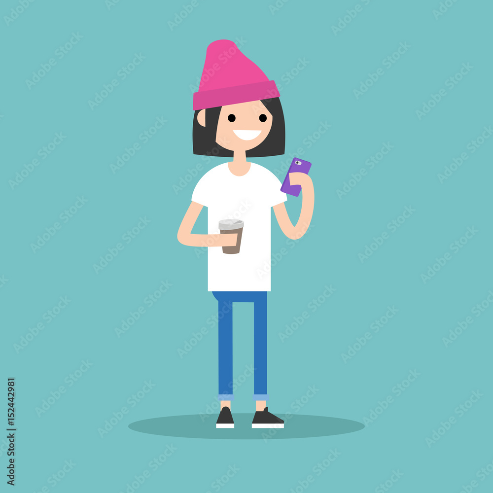 Young girl texting on her smartphone and holding a cup of take away coffee / flat editable vector illustration Young girl texting on her smartphone and holding a cup of take away coffee / flat editable vector illustration