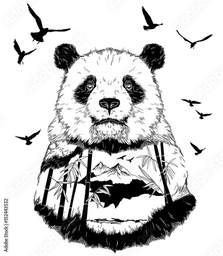 Vector Double exposure, Hand drawn panda partrait