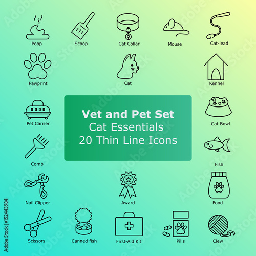 Simple linear cat essentials pictograms. Set of pet icons in trendy thin line style. Perfect symbols for web site design and mobile apps.