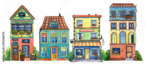 Watercolor street with cafe, houses, flowers shop, and cats. Hand drawn illustration.