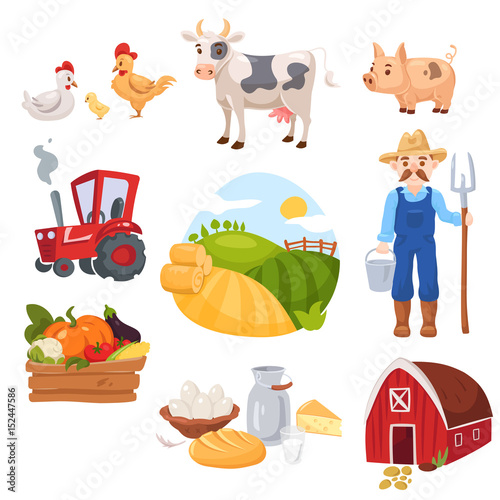 Big set of farm elements. Fresh green food, vegetables and diary, cattle, farm animals, house and farmer with tractor and tools.
