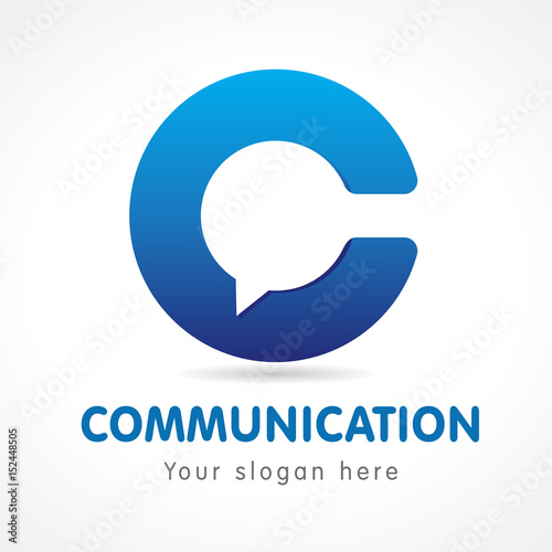 C letter communication logo. Business or educational consult, blue colored volume sign. FAQ, I.Q., contact us, computer or smartphone settings, speak icon.