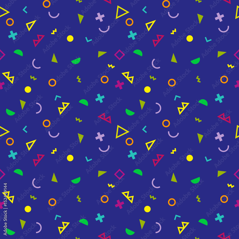 Memphis seamless pattern 80's-90's styles on dark background. Trendy memphis style. Colorful geometric seamless pattern different shapes color style.