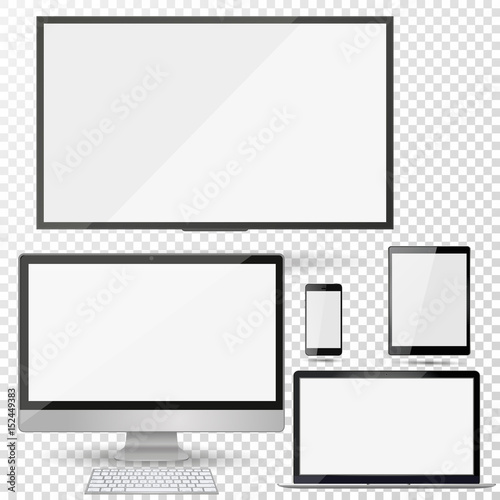 Set of realistic TV, lcd, led, computer monitor, laptop, tablet and mobile phone with empty white screen. Various modern electronic gadget on isolate background. Vector illustration EPS10