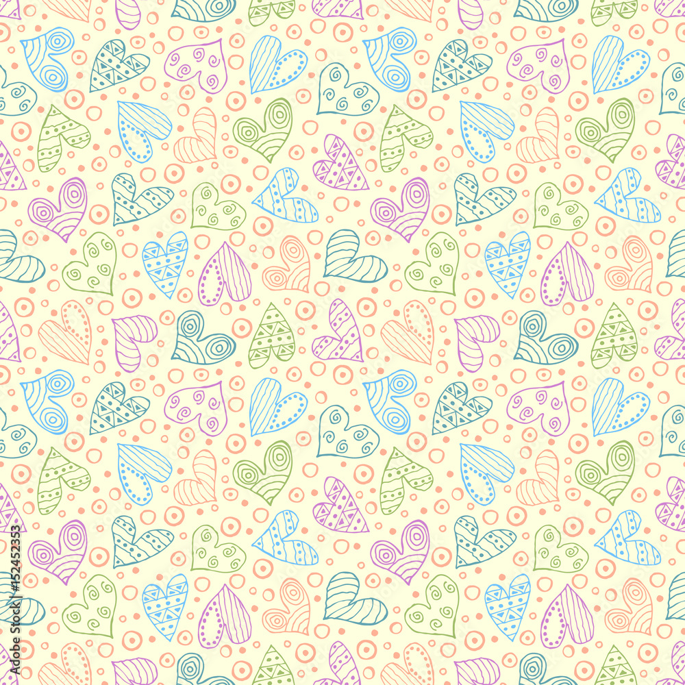 Seamless vector patterns with hearts. Background with hand drawn ornamental symbols and decorative elements. Decorative repeating ornament. Graphic illustration.Series of Love vector Seamless Patterns