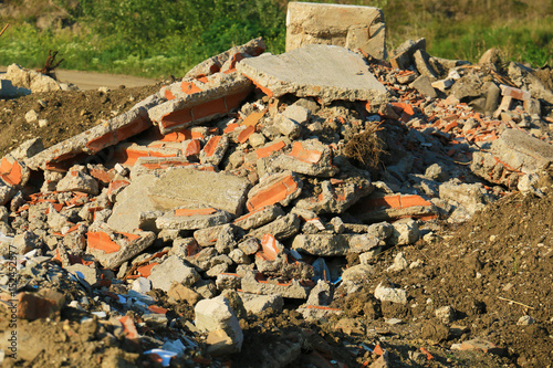 Pile of broken concrete blocks. Construction debris.