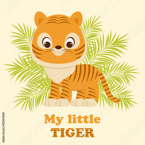 Fototapeta Naklejka Na Ścianę i Meble -  Tiger cub staying in front of tropical leaves