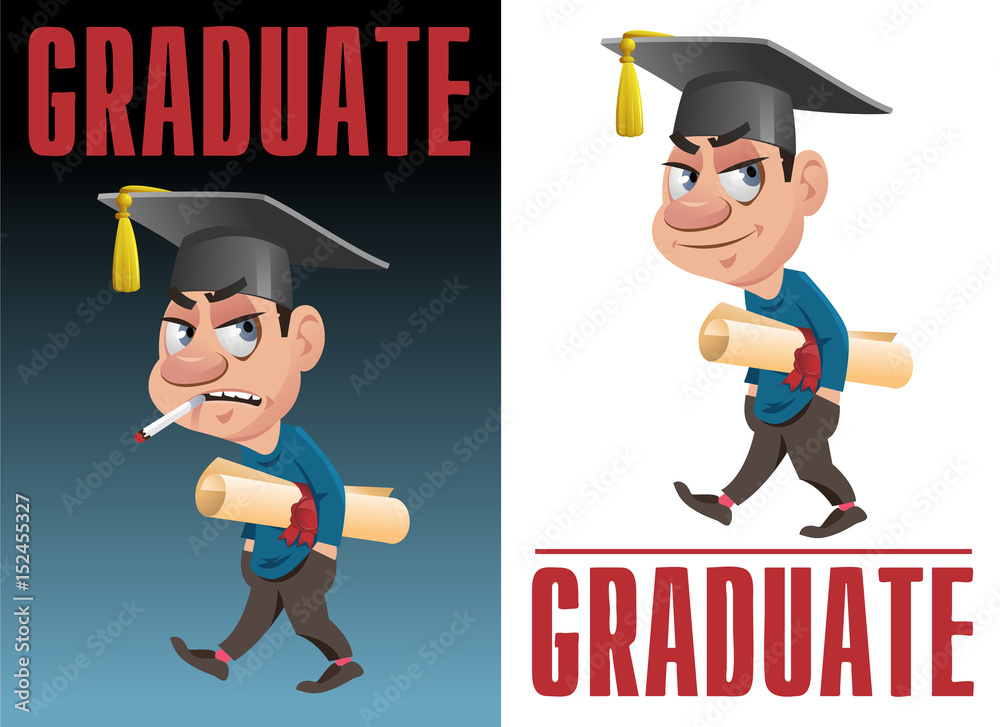 Smoking Grad Student A graduate with a diploma scroll and graduate cap. Smoking on dark ...