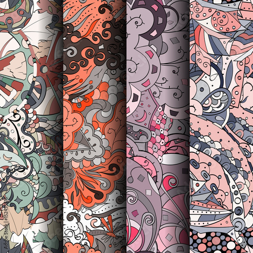 Set of tracery colorful seamless patterns. Vertical stripes. Curved doodling backgrounds for textile or printing with mehndi and ethnic motives. Vector