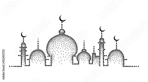 Vector dotted silhouette of mosque in black isolated on white background. Horizontal composition with mosque in dotwork style for Ramadan. Islamic decor for Ramadan Kareem design.