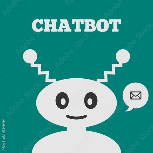 Friendly robot with a smiling face. Icon speech bubble with message. Text Chatbot.