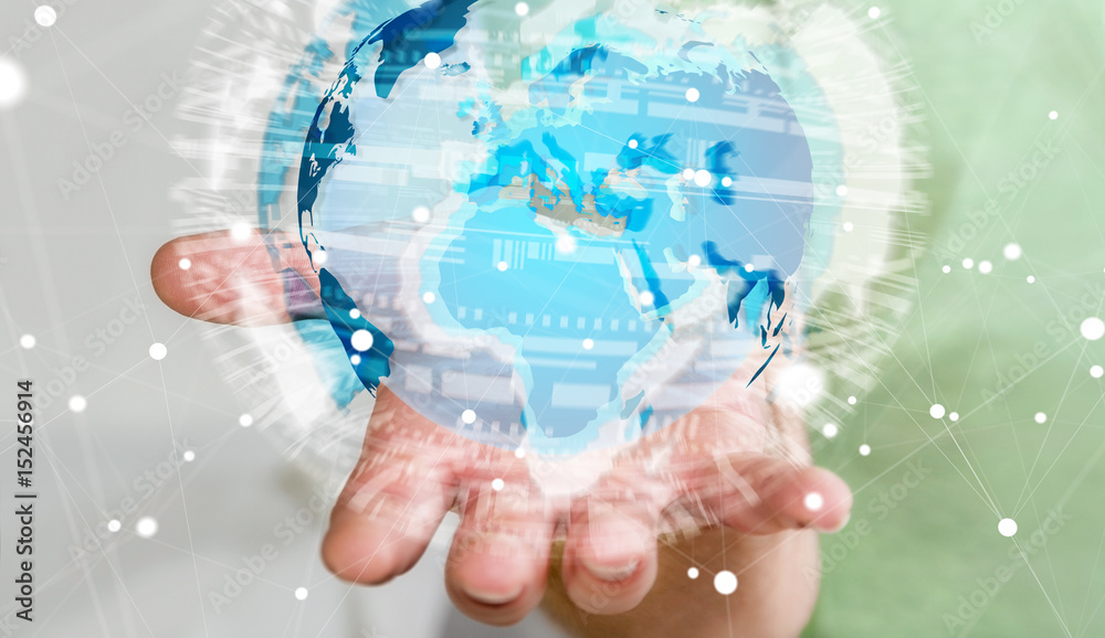 Businessman holding global network on planet earth 3D rendering Businessman holding global network on planet earth 3D rendering