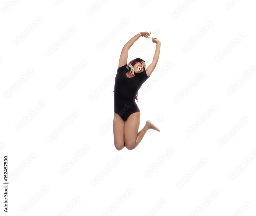 African American Woman Jumping In Black Leotard