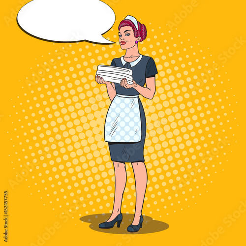 Female Chambermaid Holding Clean Towels. Hotel Maid Service. Pop Art vector illustration