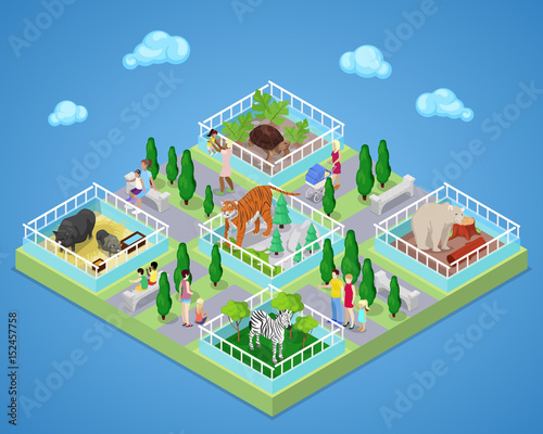 People in Outdoor Zoo Park with Animals. Isometric vector flat 3d illustration