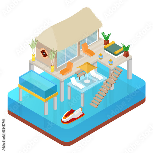 Tropical Bungalow with Jet Ski. Beach Real Estate. Isometric vector flat 3d illustration