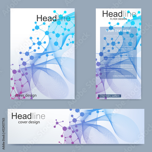Set flyer, brochure size A4 template,banner. Molecular structure with connected lines and dots. Scientific pattern atom DNA with elements for magazine, leaflet, cover, poster design.