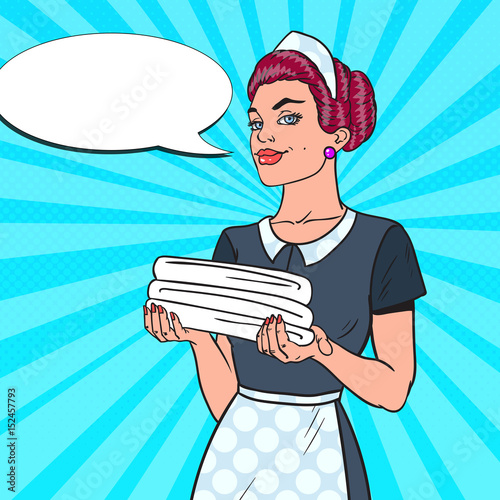 Female Chambermaid with Clean White Towels. Hotel Room Service. Pop Art vector illustration