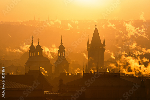 Prague foggy sunrise, Czech republic.