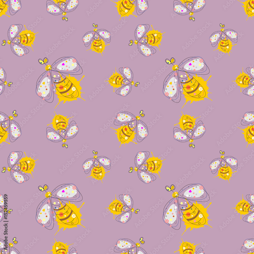 Vector seamless pattern with insect Hand drawn outline decorative endless background with cute drawn wasp Graphic illustration. Line drawing. Print for wrapping, background, decor Vector seamless pattern with insect Hand drawn outline decorative endless background with cute drawn wasp Graphic illustration. Line drawing. Print for wrapping, background, decor