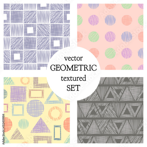 Set of seamless vector geometrical patterns with different geometric figures, forms. pastel endless background with hand drawn textured geometric figures. Graphic vector illustration