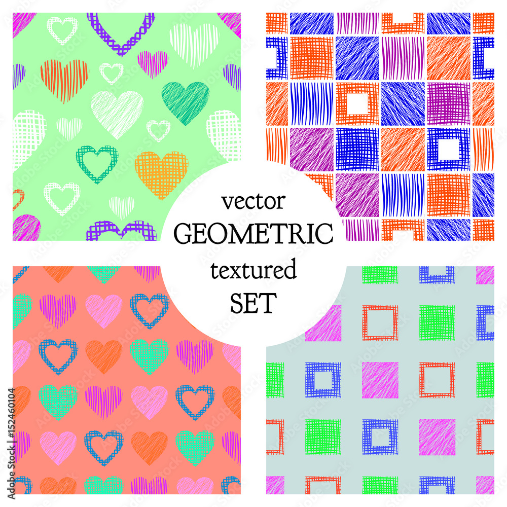 Set of seamless vector geometrical patterns with different geometric figures, forms. pastel endless background with hand drawn textured geometric figures. Graphic vector illustration