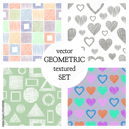 Set of seamless vector geometrical patterns with different geometric figures, forms. pastel endless background with hand drawn textured geometric figures. Graphic vector illustration