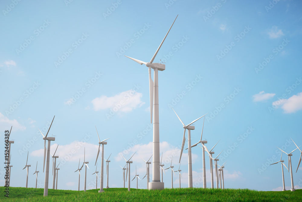 3d illustration, turbine on the grass with blue sky. Concept alternative electricity source. Eco energy, clean Energy 3d illustration, turbine on the grass with blue sky. Concept alternative electricity source. Eco energy, clean Energy