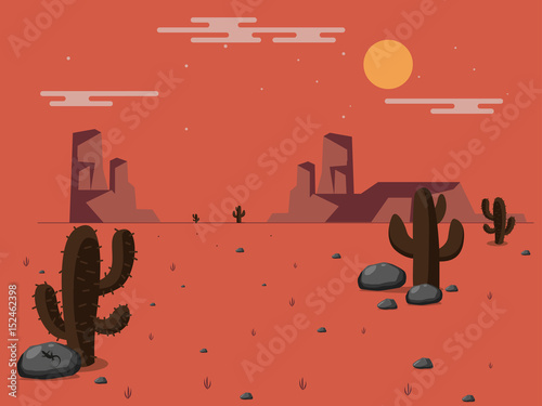 Vector illustration of a desert. Stones, cactus and rocks under the scorching sun.