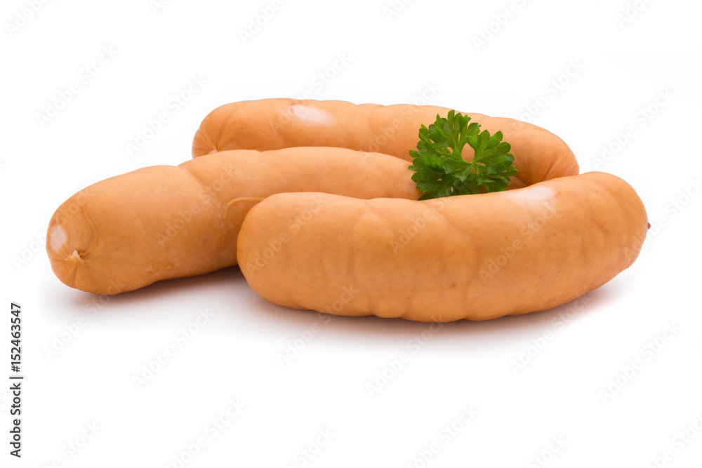 Sausage and spices isolated on white background, fresh delicious frankfurter.