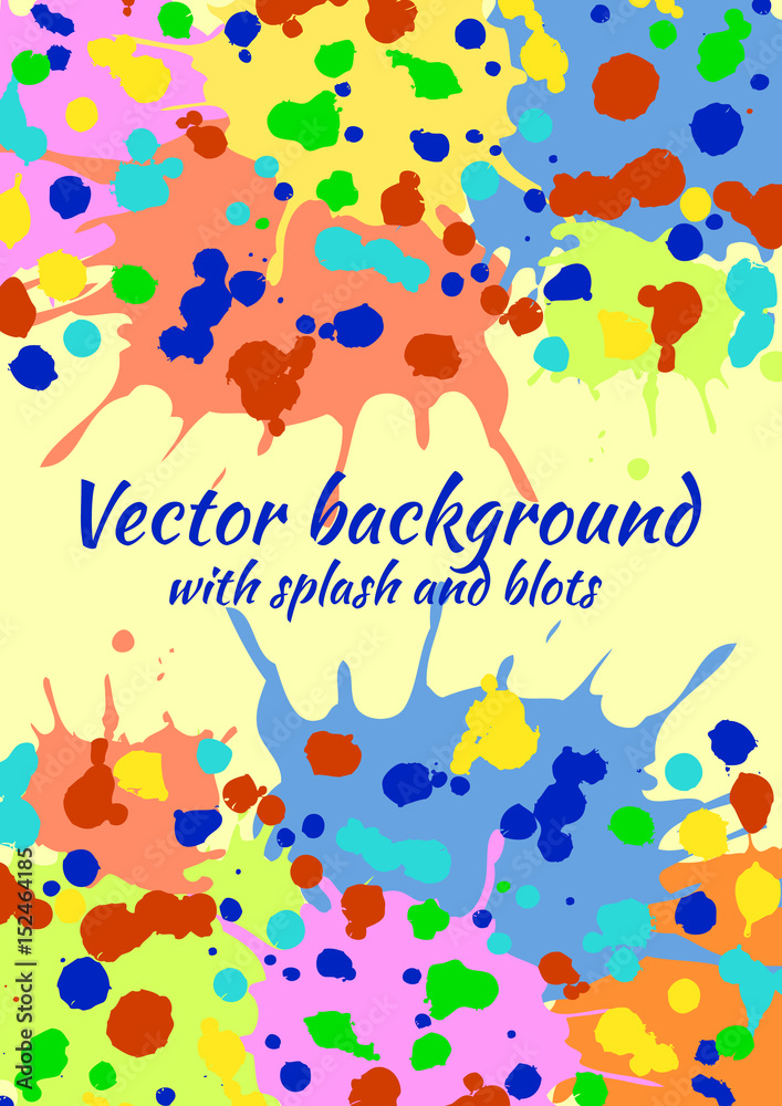 Vector watercolor background with colorful ink blots, splash and brush strokes. Colorful creative artistic template for card, layout, cover. Rainbow colors. A4 format size