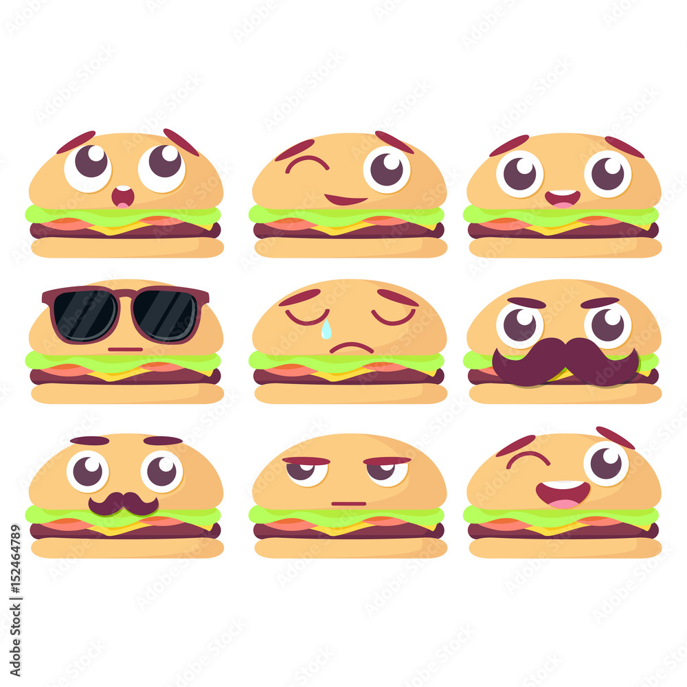Set of burgers with emotions, set of emoji, isolated on white background vector illustration Set of burgers with emotions, set of emoji, isolated on white background vector illustration