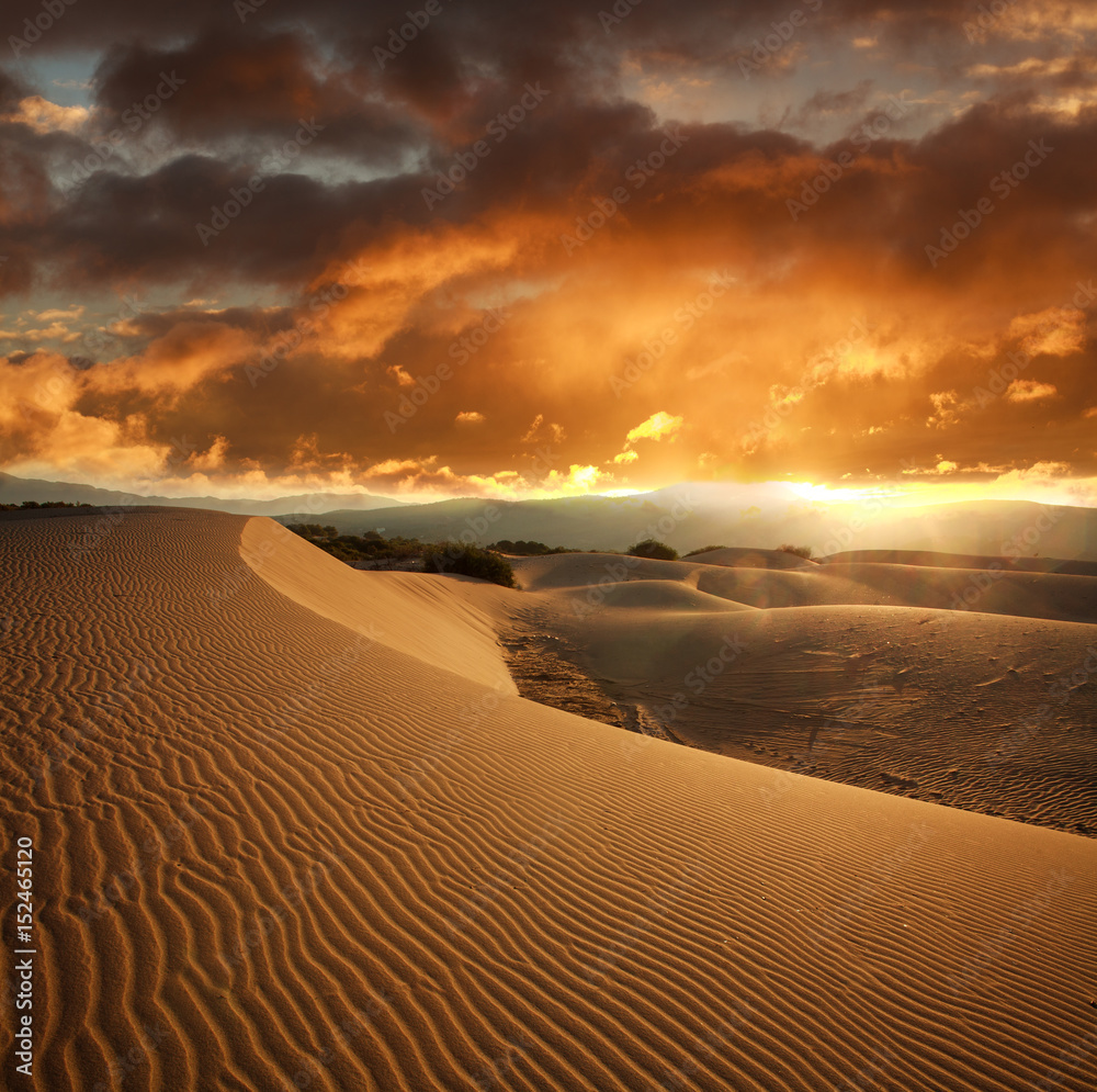 Wavy sand dune at sunset on background dramatic sky clouds