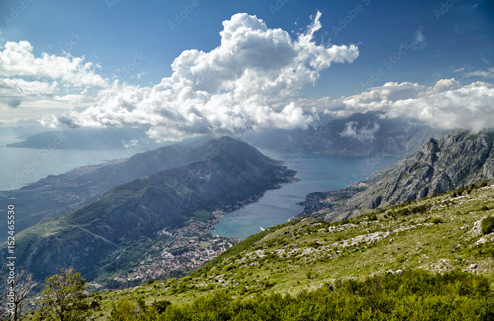 Panoramic top view of Kotor, Montenegro, Europe travel destination.