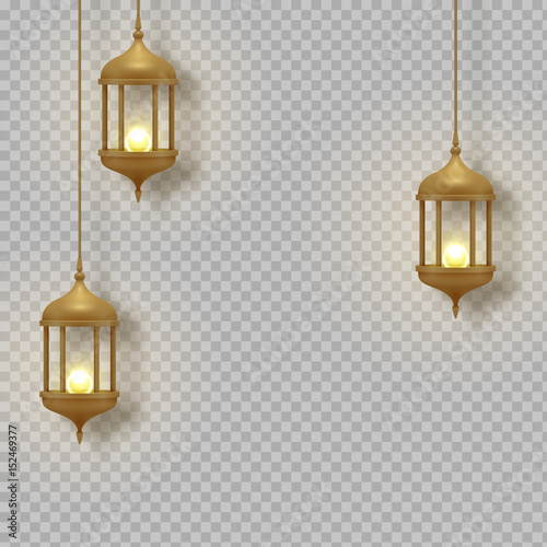 Gold vintage luminous lanterns. Arabic shining lamps. Isolated hanging realistic lamps. Effects of transparent vector background
