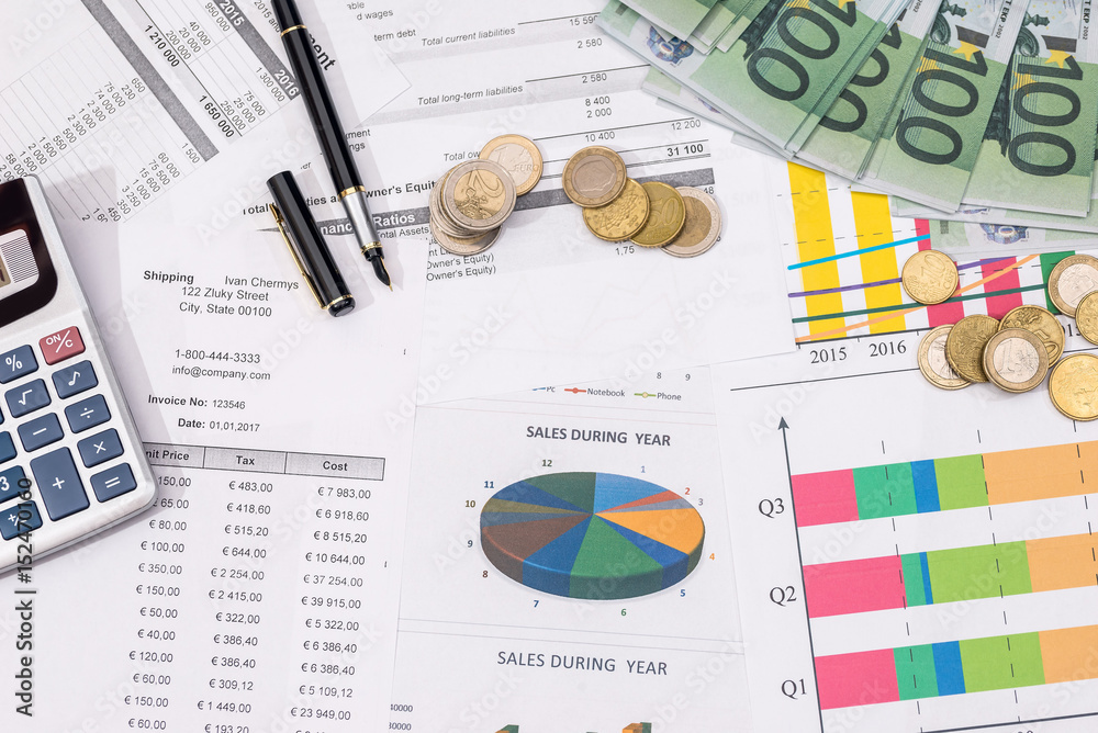 euro banknote with coin above business graph. euro banknote with coin above business graph.