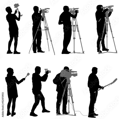 Set cameraman with video camera. Silhouettes on white background