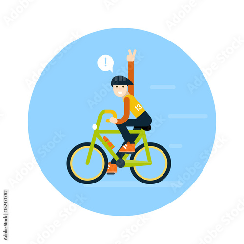 A young man rides a bicycle. Vector flat illustration.