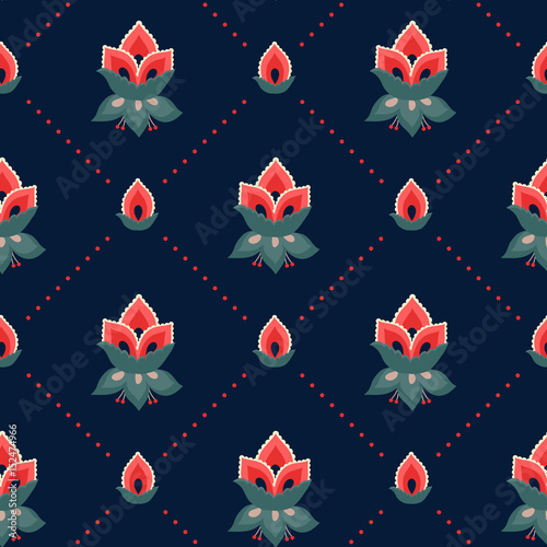 Floral seamless pattern, Jacobean style flowers. Colorful herbal background. Vector illustration. Jacobean floral, herbal collection, red flowers. Dark blue summer night background.