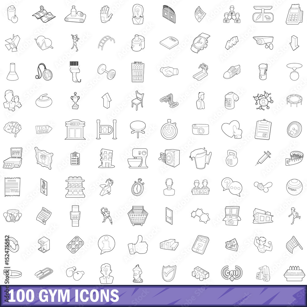 100 gym icons set, outline style