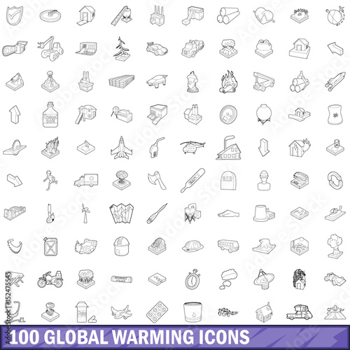 100 global warming icons set, outline style