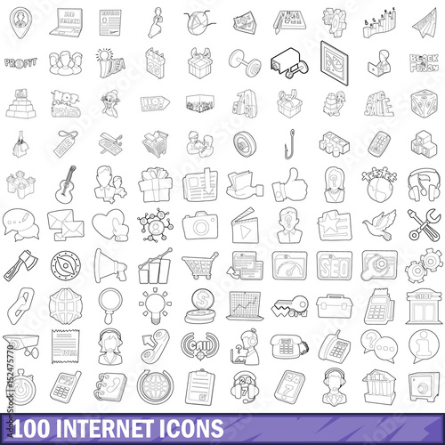 100 internet icons set, outline style