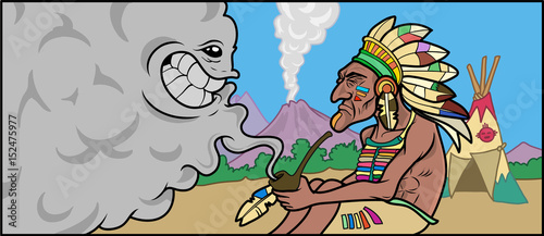 A Native american Shaman talking with a smoke cloud. Vector Illustration
