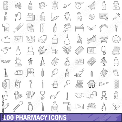 100 pharmacy icons set  outline style